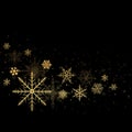 Greeting card design with glowing golden snowflakes on dark anthracite background. Winter holidays banner, celebrations poster