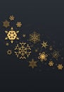 Greeting card design with glowing golden snowflakes on dark anthracite background. Winter holidays banner, celebrations poster