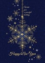 Greeting card design with hanging snowflake, text, stars.