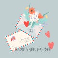 Greeting card design with love letter with flowers flat vector illustration