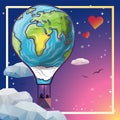Greeting card design for Saint Valentines day and traveling, couple in air balloon shaped like a globe. Vector file