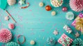 Birthday cake with colorful balloons and confetti on blue background, top view