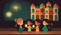 Traditional Diwali banner. Illustration of people celebrating Diwali a light festival in India Royalty Free Stock Photo