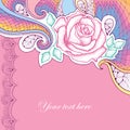 Greeting card with dotted rose flower and decorative violet lace on the pink background.