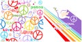 Greeting card with dove, peace symbol and rainbow for International Peace day and hippie wallpaper