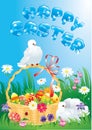 Greeting card with doves, basket and easter eggs Royalty Free Stock Photo