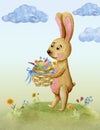 Greeting card Easter bunny in watercolor with a wicker basket filled with eggs