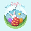 Greeting card for Easter.Cute bunny with eggs