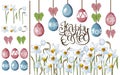 Greeting card for Easter. Daffodils and painted eggs. Isolated elements on white background