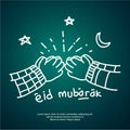 Greeting card eid mubarak, doodle vector, handshake cartoon illustration