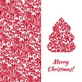 Greeting card with elegant Christmas tree and red pattern from abstract floral ornament Royalty Free Stock Photo