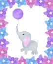 Greeting card elephant cute little and flowers balloon watercolor illustration animals Royalty Free Stock Photo