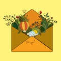 Greeting card envelope autumn journey in a hot air balloon