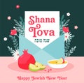 Greeting card with envelope and symbols of rosh hashanah, Jewish new year. Shana Tova. Blessing of Happy new year in Royalty Free Stock Photo