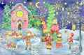 Greeting card with family choir singing Christmas carols, playing children on sledges, beautiful nature and vintage house Royalty Free Stock Photo