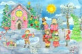 Greeting card with family choir singing Christmas carols, playing children on sledges and vintage house Royalty Free Stock Photo