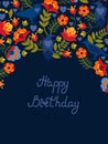 Greeting card with flowers and birds ravens. Text: `Happy birthday`. Bright images on a dark background.