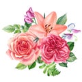 Greeting card with flowers. roses, lilies, anemones, sweet peas, green leaves watercolor drawings.