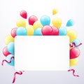 Greeting card with frame and colored balloons on white background