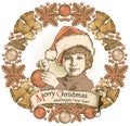 Greeting card, frame. Happy New Year Merry Christmas. Family. Child, boy. Santa, tree. Winter. Vintage vector illustration. Royalty Free Stock Photo
