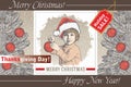 Greeting Card, Frame. Happy New Year Merry Christmas. Family. Child, Boy. Santa, Tree. Winter. Vintage Vector Illustration.