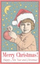 Greeting card, frame. Happy New Year Merry Christmas. Family. Child, boy. Santa. Winter. Vintage vector illustration. Moon. Royalty Free Stock Photo