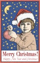 Greeting card, frame. Happy New Year Merry Christmas. Family. Child, boy. Santa. Winter. Vintage vector illustration. Moon. Royalty Free Stock Photo