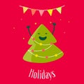 Greeting card with fun christmas tree and garland with with flags. Flat design. Vector