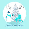 Greeting card Funny snowman decorates a Christmas tree. Vector illustration Royalty Free Stock Photo