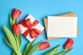 Greeting card mockup with gift box, envelope and red tulips on blue paper background Royalty Free Stock Photo