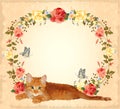 greeting card with ginger cat and roses
