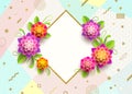 Greeting card with gold frame and flowers on a abstract background. Royalty Free Stock Photo