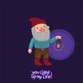 Greeting card with a gnome with a lantern. Vector graphics