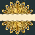 Greeting card with gold peacock feathers and ribbon.