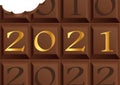 Greeting card 2021 for a gourmet year with a wafer of milk chocolate.