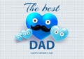 Greeting card with a greeting card with a funny mustache on his face with small blue hearts on a geometric background