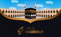 Greeting card for hajj or umrah mabrour with golden arabic calligraphy and kaaba realistic illustration. hajj pilgrimage to mecca