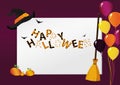 Greeting card for Halloween. Creative frame with a pumpkin broom