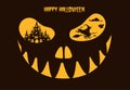 Greeting card Halloween night with Haunted House and witch in eyes pumpkins