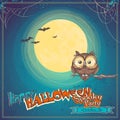 Greeting Card Halloween with owl on background of the moon