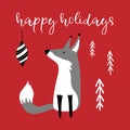 Greeting card with hand drawn cute Fox and inscription Happy Holidays.