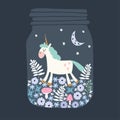 Greeting card with hand drawn magic sleeping unicorn in glass jar. Party invitation with flowers, moon and stars. Vector Royalty Free Stock Photo