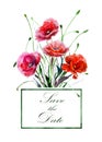 Hand drawn watercolor illustration. Four red poppies flowers bouquet and label with text.