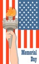 Greeting card with hand holding torch like Statue of Liberty and USA flag on background. Royalty Free Stock Photo