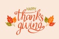 Greeting card with hand lettering Happy thanksgiving day with autumn yellow leaves Royalty Free Stock Photo