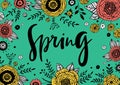 Greeting card with handdrawn flowers and handlettered word Spring