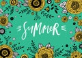 Greeting card with handdrawn flowers and handlettered word Summer