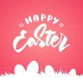 Greeting card with handw drawn lettering of Happy Easter with silhouette of eggs on grass on pink background. Royalty Free Stock Photo