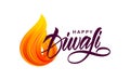 Greeting card with handwritten lettering of Happy Diwali and fire brush stroke flame