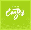 Greeting card with handwritten lettering of Happy Easter and hand drawn floral frame on green background. Royalty Free Stock Photo